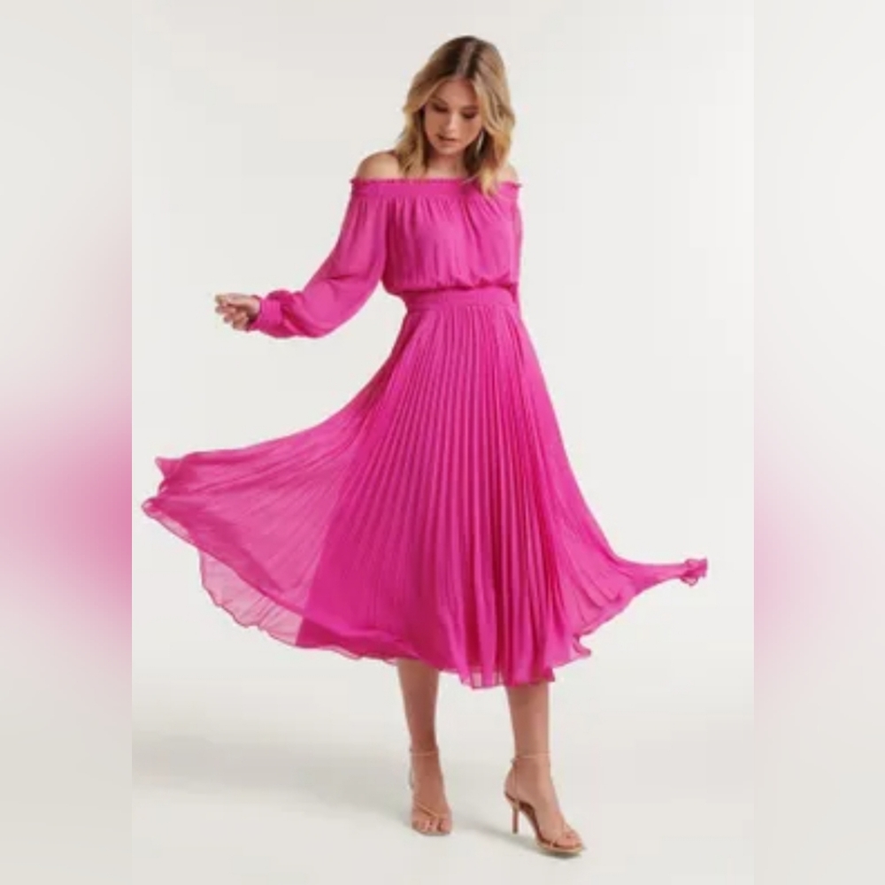 EVER NEW Size 14 Off the Shoulder Pleated Dress Semi-Sheer Long Sleeve